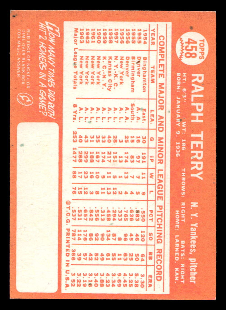 1964 Topps #458 Ralph Terry Ex-Mint  ID: 437135