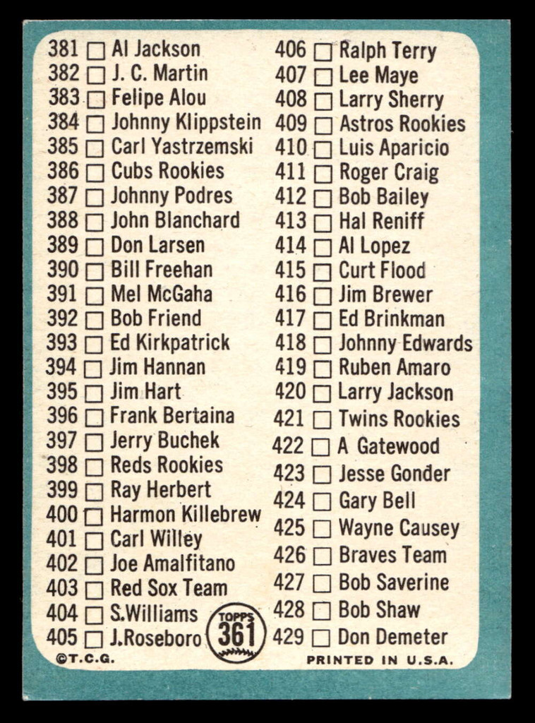 1965 Topps #361 Checklist 353-429 Ex-Mint  ID: 437378