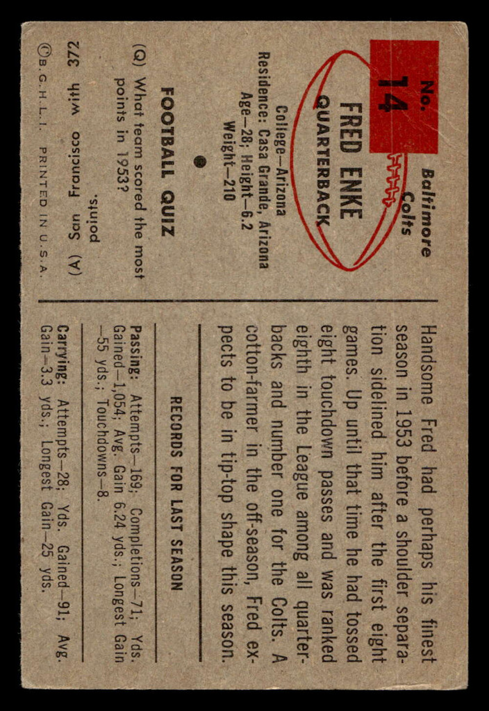 1954 Bowman #14 Fred Enke Very Good  ID: 437468