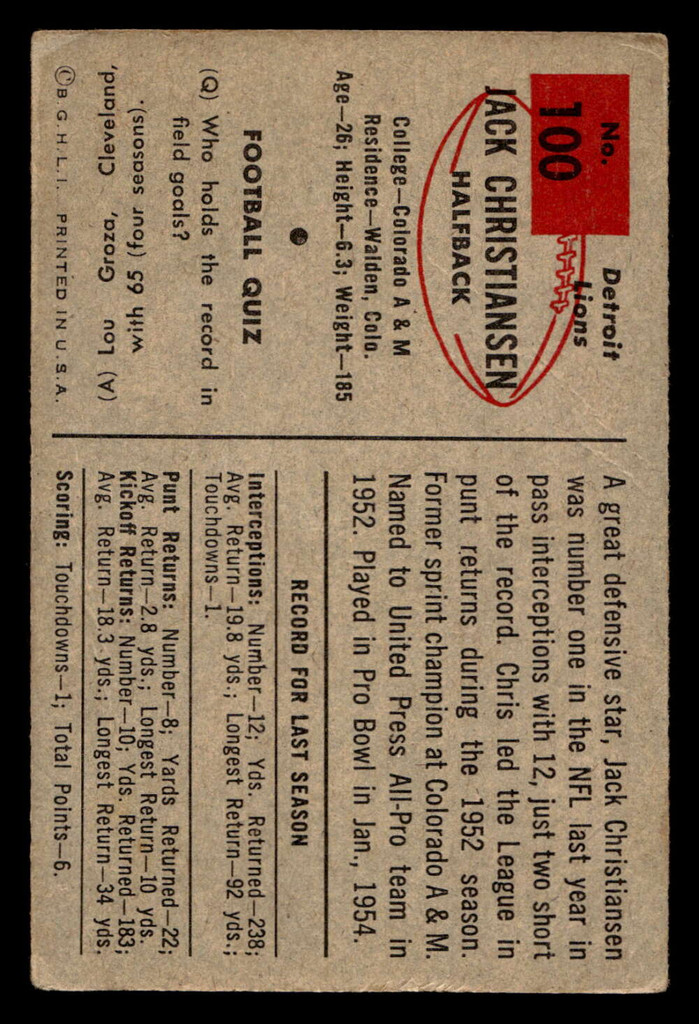 1954 Bowman #100 Jack Christiansen Very Good  ID: 437519