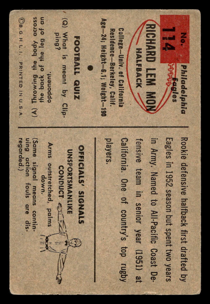 1954 Bowman #114 Richard Lemmon Very Good  ID: 437526