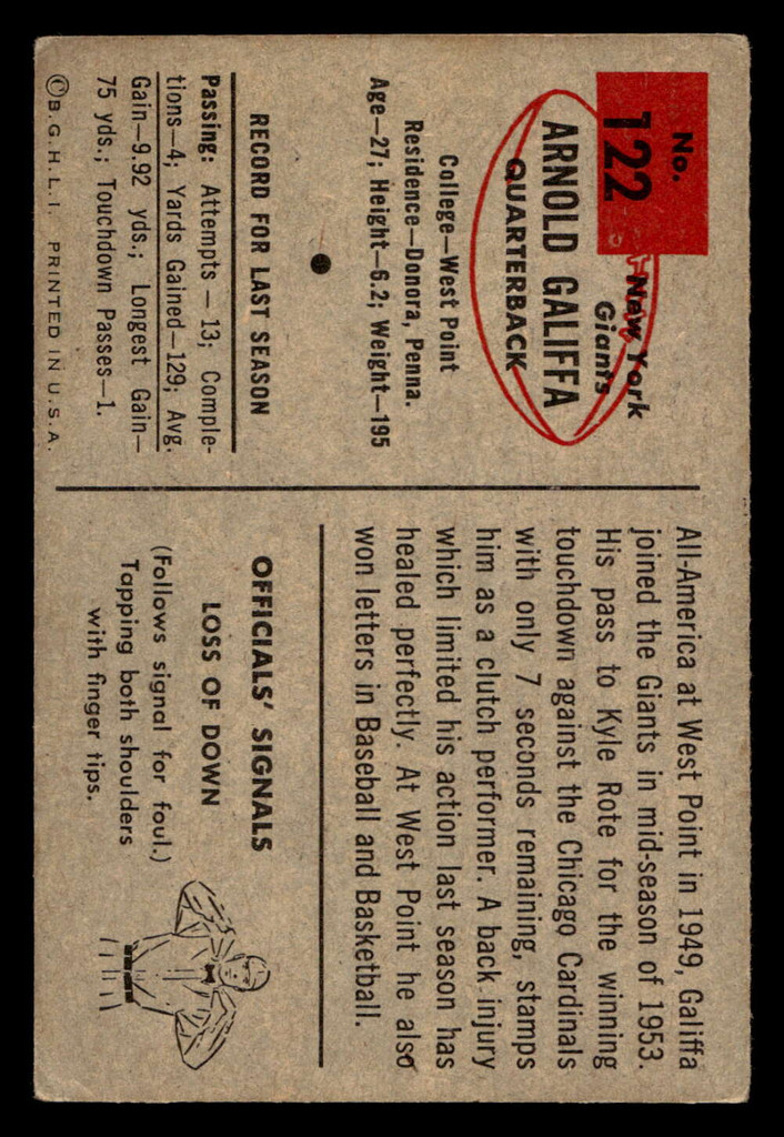 1954 Bowman #122 Arnold Galiffa VG-EX  ID: 437530