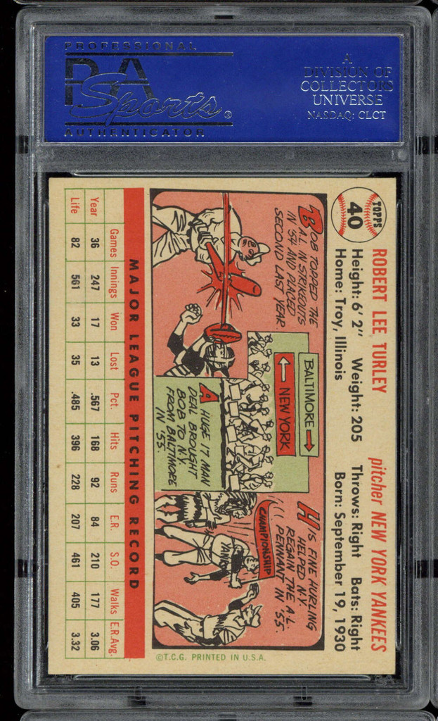 1956 Topps #40 Bob Turley PSA 8 NM-Mint Yankees White Back