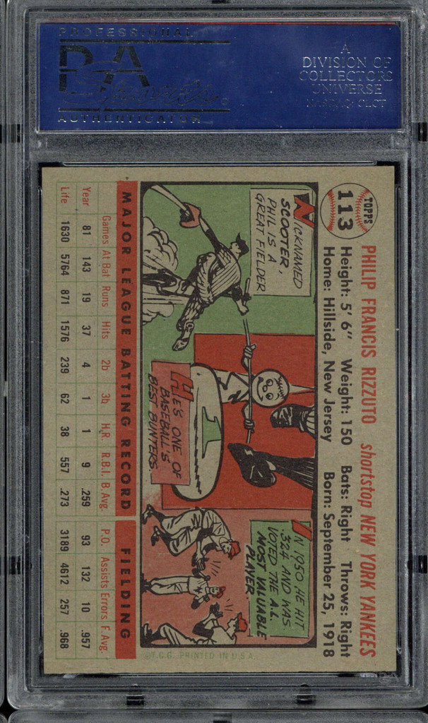 1956 Topps #113 Phil Rizzuto PSA 7 Near Mint Dodgers Gray Back