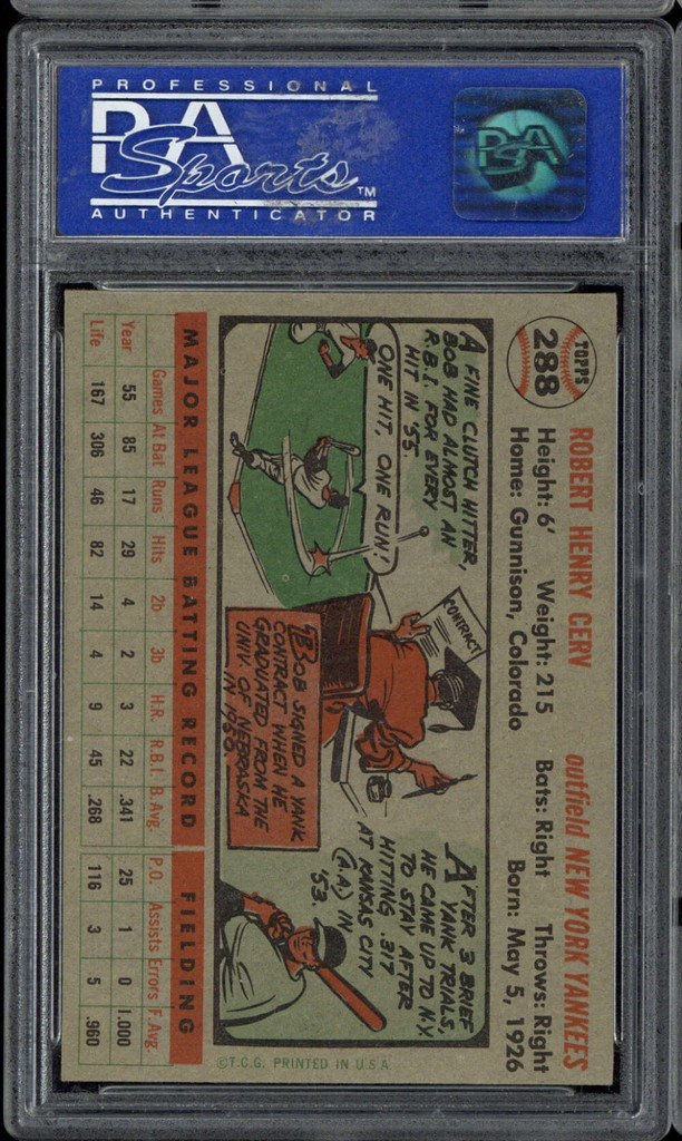 1956 Topps #288 Bob Cerv PSA 8 NM-Mint Yankees