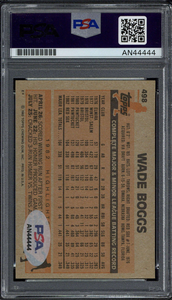 Wade Boggs 1983 Topps #498 Signed Auto PSA/DNA Slabbed Red Sox RC