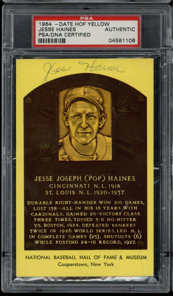 Jesse Haines Yellow HOF postcard Signed Auto PSA/DNA Slabbed Cardinals ID: 437694