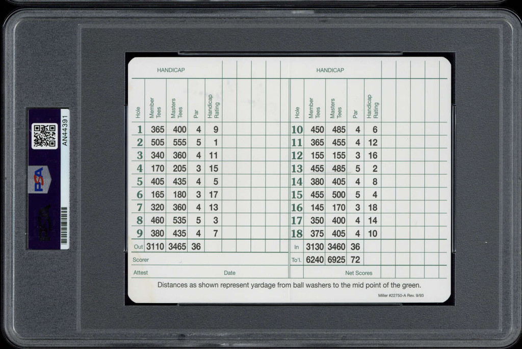 Ben Crenshaw Masters Scorecard Signed Auto PSA/DNA Authenticated