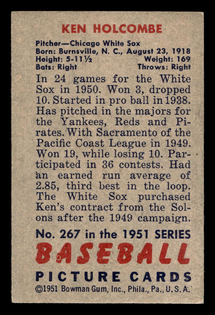 1951 Bowman #267 Ken Holcombe Excellent RC Rookie High # 