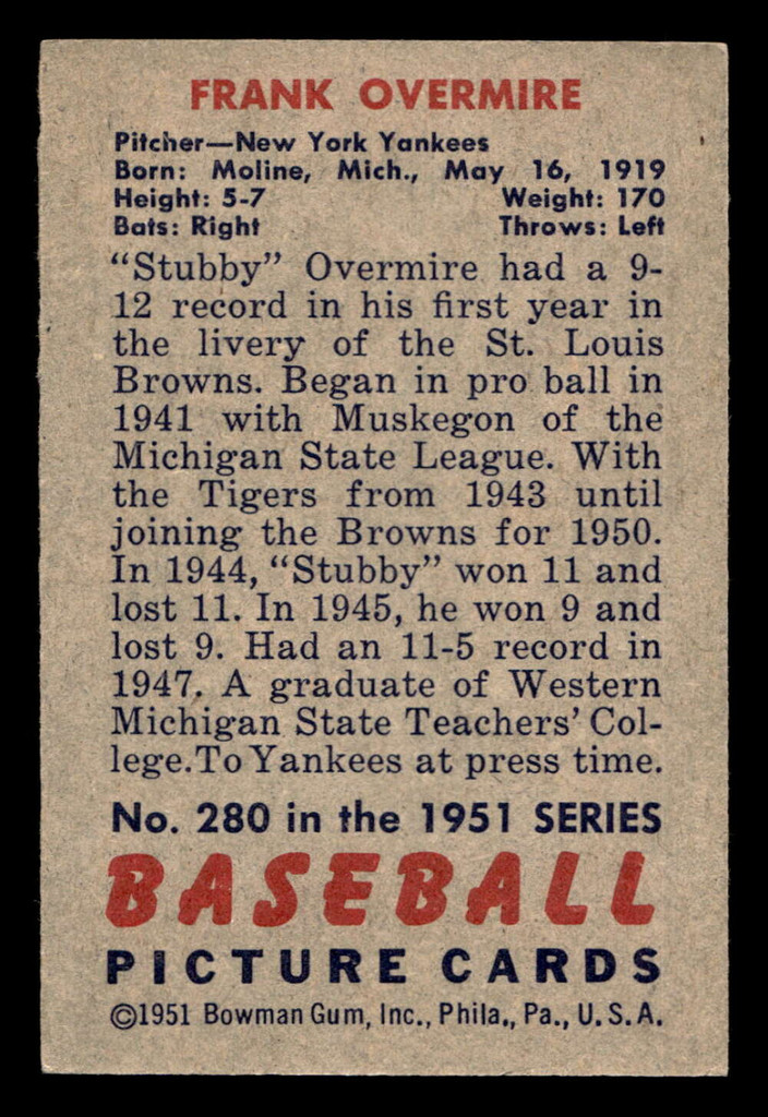 1951 Bowman #280 Frank Overmire Very Good High # 