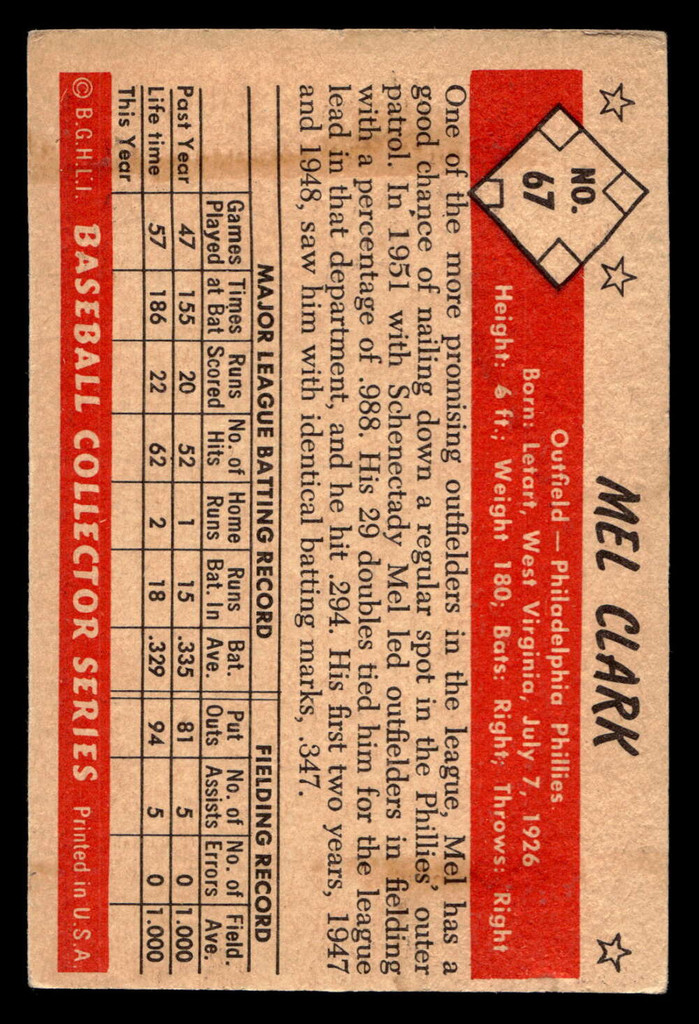 1953 Bowman Color #67 Mel Clark VG-EX RC Rookie 