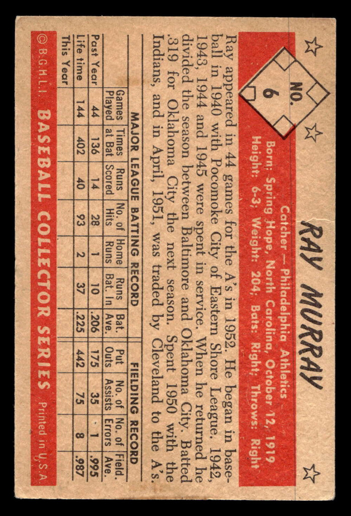 1953 Bowman Black and White #6 Ray Murray Very Good 