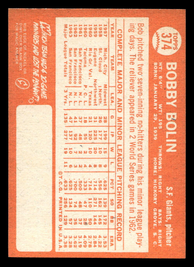 1964 Topps #374 Bobby Bolin Ex-Mint  ID: 438033