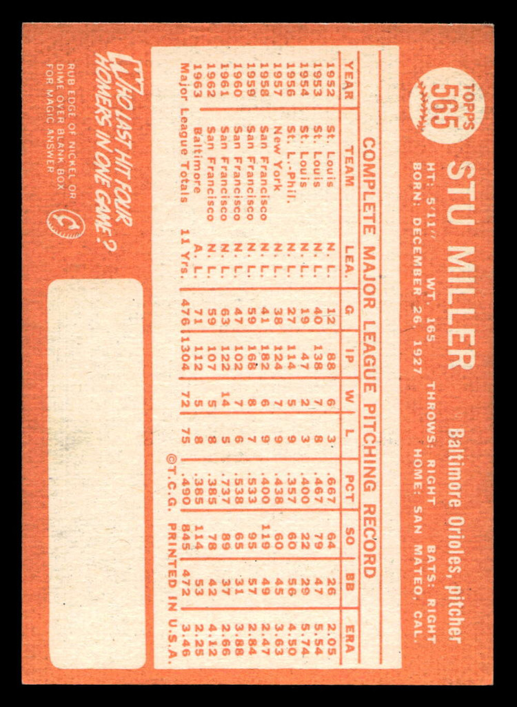 1964 Topps #565 Stu Miller Excellent high # 