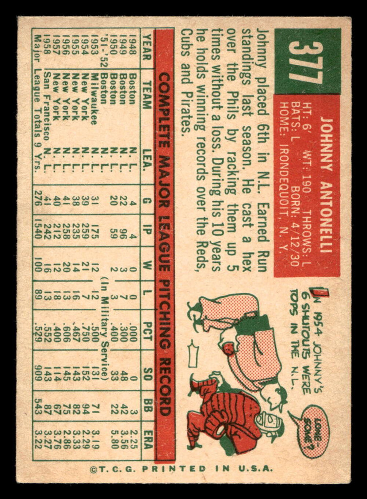 1959 Topps #377 Johnny Antonelli VG-EX  ID: 439033