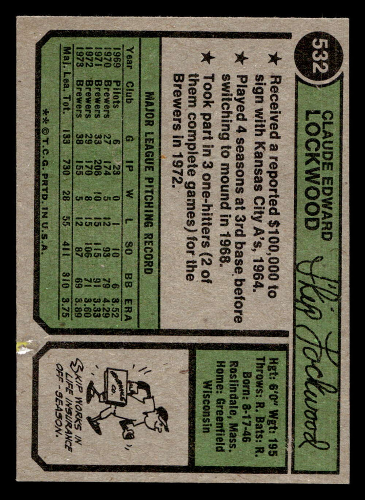 1974 Topps #532 Skip Lockwood Very Good 