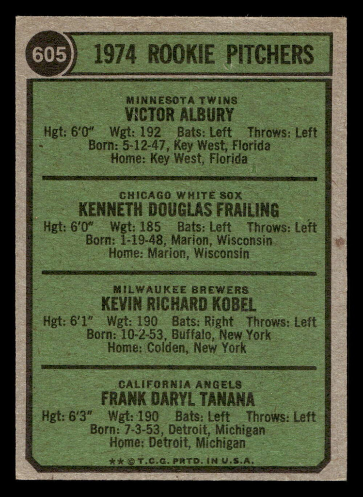 1974 Topps #605 Vic Albury/Ken Frailing/Kevin Kobel/Frank Tanana Rookie Pitchers Ex-Mint RC Rookie 