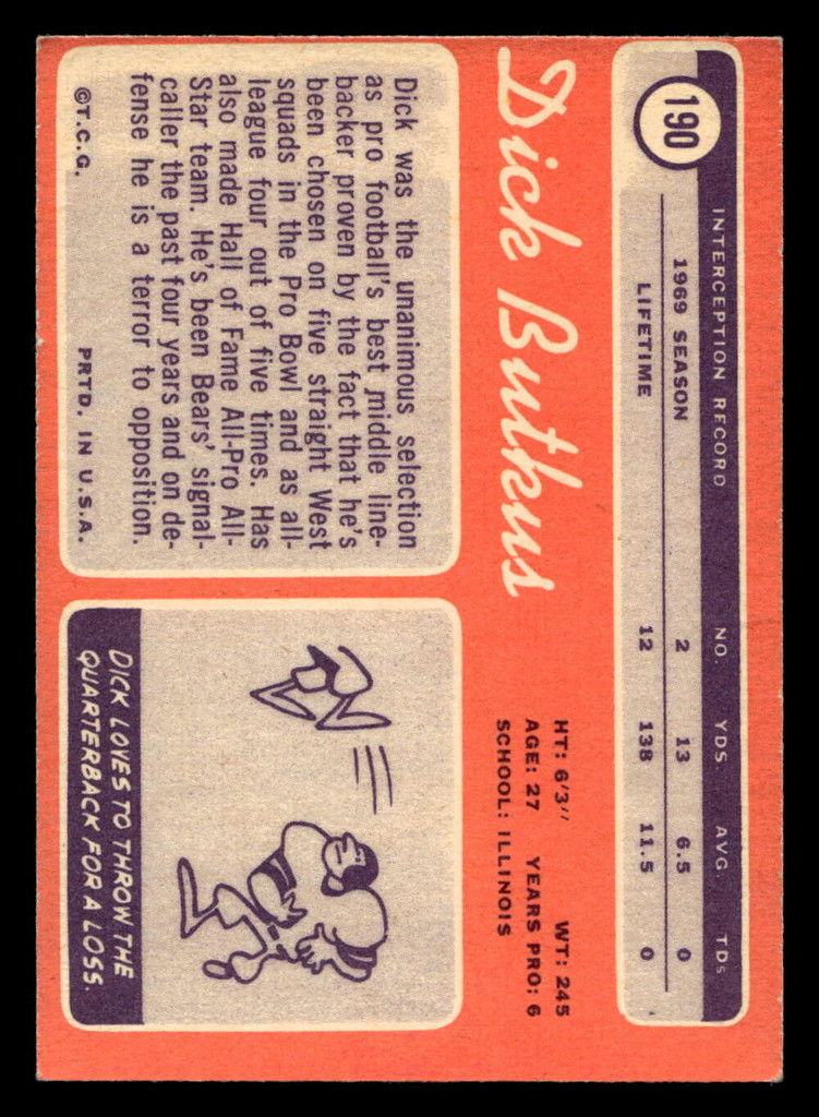 1970 Topps #190 Dick Butkus Very Good  ID: 440197