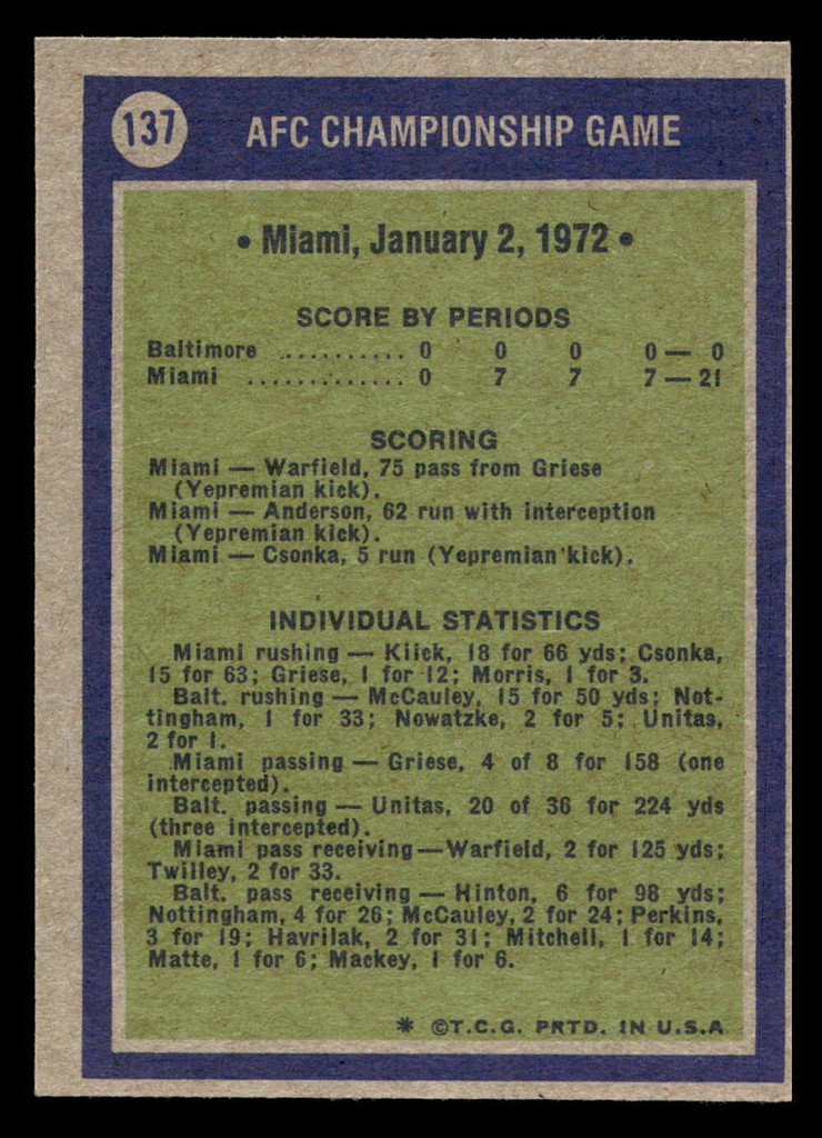 1972 Topps #137 1971 AFC Championship Game Ex-Mint 