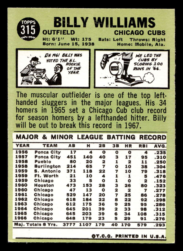 1967 Topps #315 Billy Williams Ex-Mint  ID: 441014