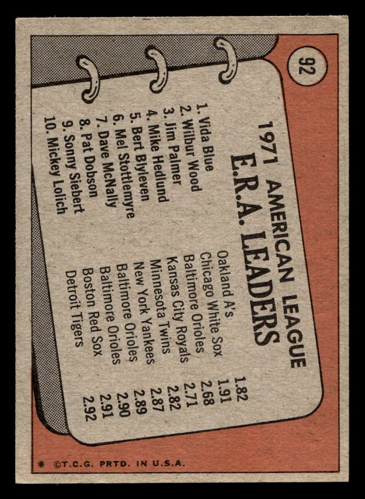 1972 Topps #92 Vida Blue/Wilbur Wood/Jim Palmer AL ERA Leaders Excellent+  ID: 441445