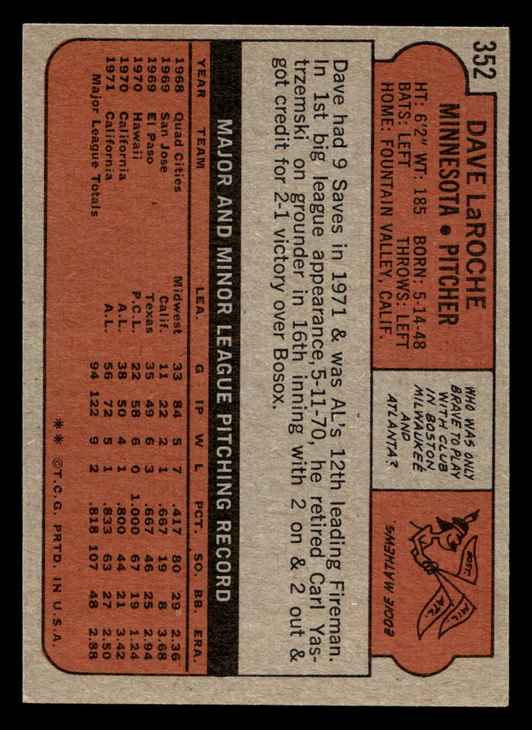 1972 Topps #352 Dave LaRoche Near Mint  ID: 442433