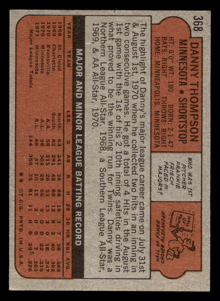 1972 Topps #368 Danny Thompson Excellent+  ID: 442479