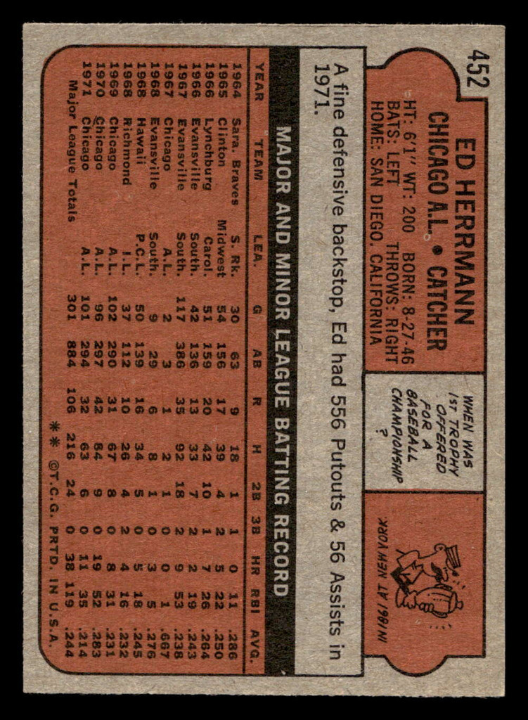 1972 Topps #452 Ed Herrmann Excellent+  ID: 442689