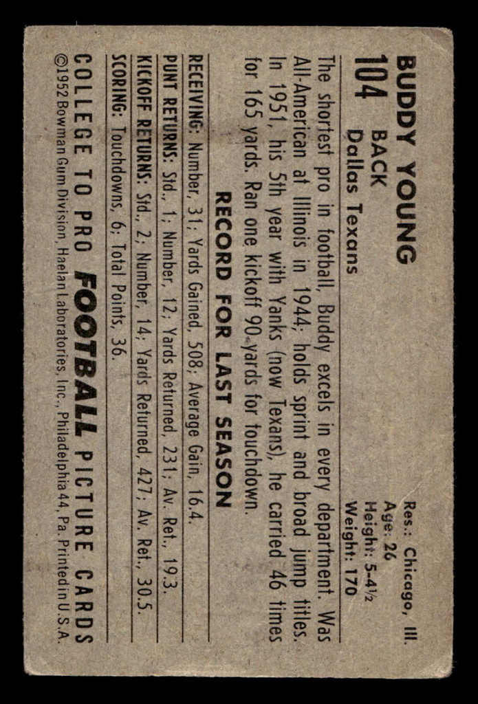 1952 Bowman Small #104 Buddy Young Very Good 