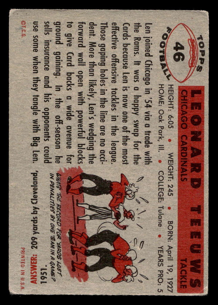 1956 Topps #46 Len Teeuws Very Good RC Rookie SP  ID: 443488