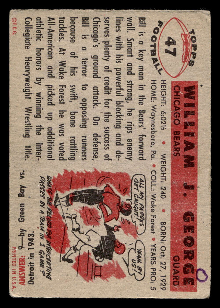 1956 Topps #47 Bill George Very Good RC Rookie  ID: 443490