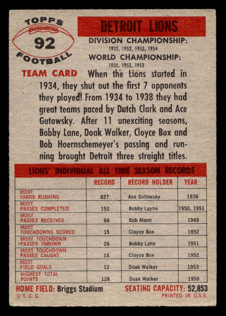 1956 Topps #92 Lions Team VG-EX 