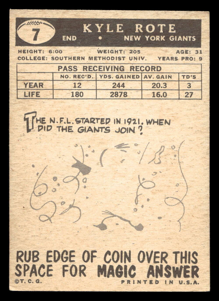 1959 Topps #7 Kyle Rote Excellent+  ID: 443618