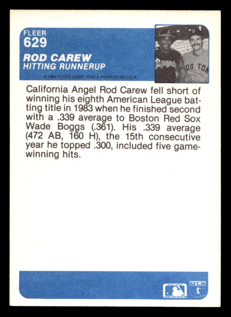 1984 Fleer #629 Rod Carew A.L. Batting Runner-Up Excellent+ 