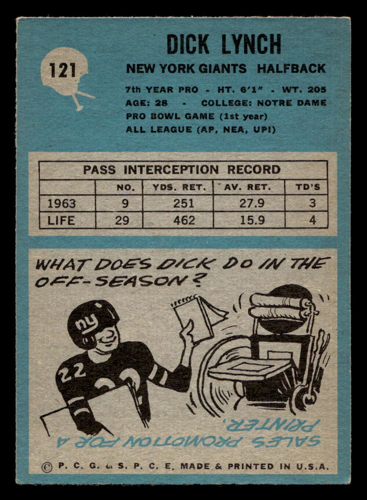 1964 Philadelphia #121 Dick Lynch Excellent+ RC Rookie  ID: 445752