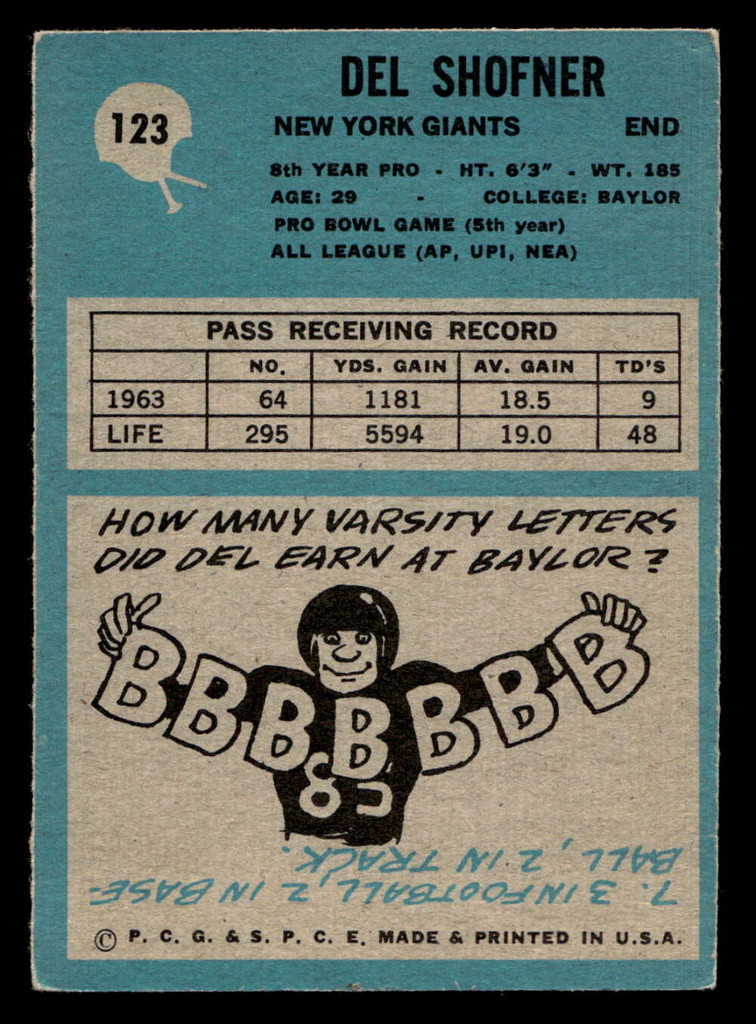 1964 Philadelphia #123 Del Shofner Excellent 