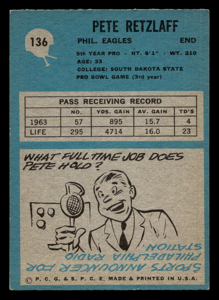 1964 Philadelphia #136 Pete Retzlaff Ex-Mint 
