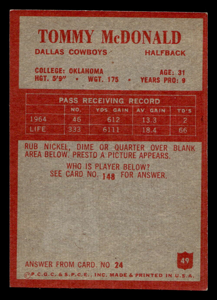 1965 Philadelphia #49 Tommy McDonald Ex-Mint  ID: 445947