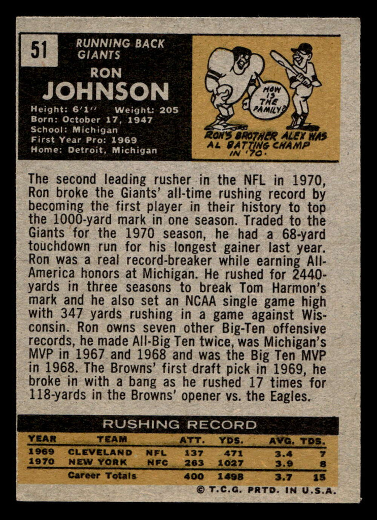 1971 Topps #51 Ron Johnson Excellent+ RC Rookie 