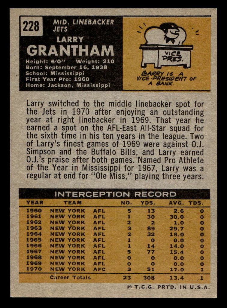 1971 Topps #228 Larry Grantham Ex-Mint  ID: 448160