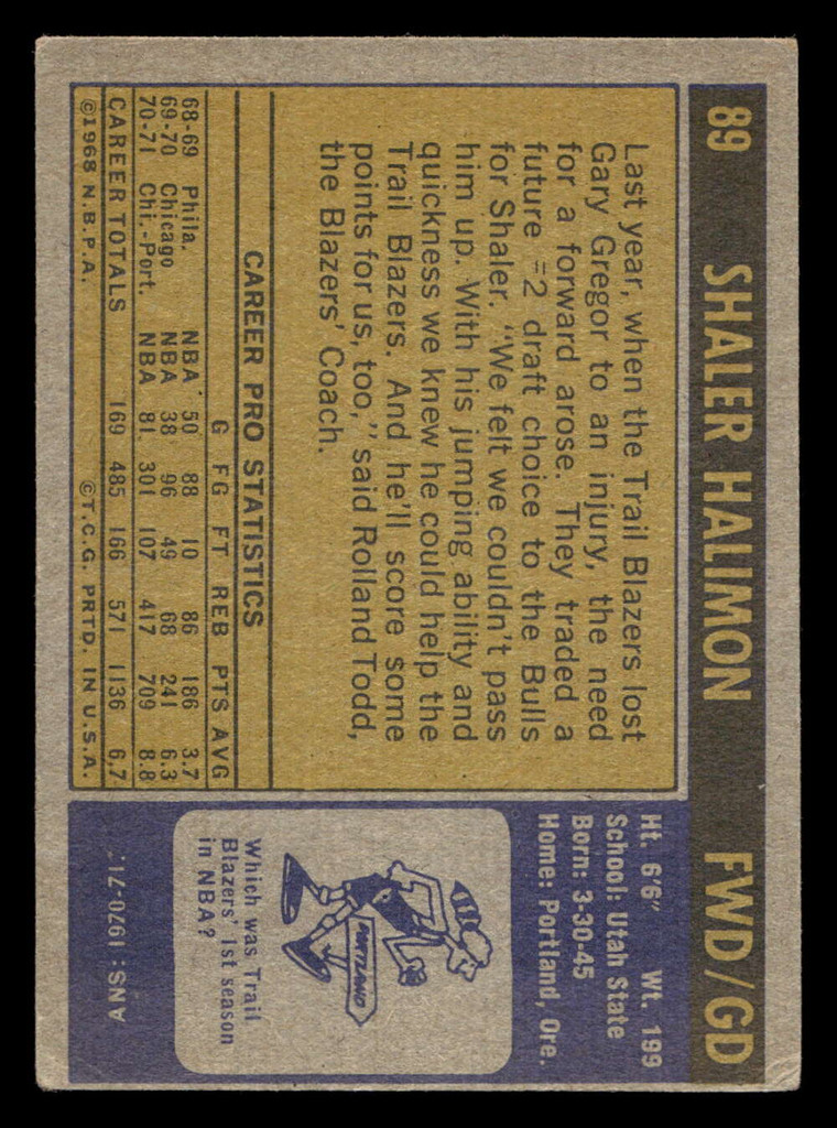 1971-72 Topps #89 Shaler Halimon Very Good  ID: 448630
