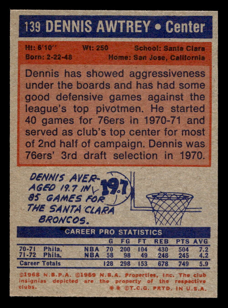 1972-73 Topps #139 Dennis Awtrey UER Near Mint+  ID: 449055