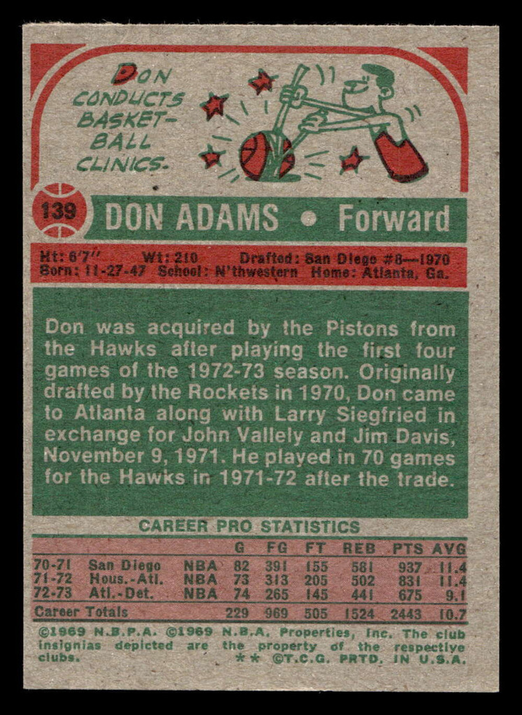 1973-74 Topps #139 Don Adams Near Mint 