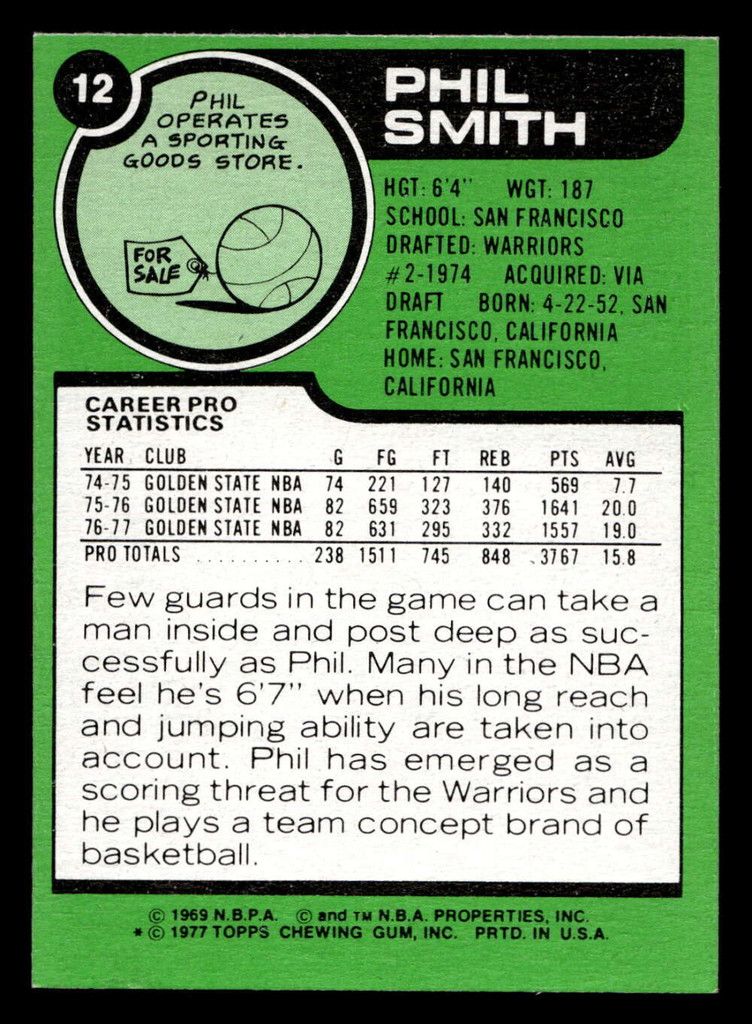 1977-78 Topps #12 Phil Smith Near Mint+  ID: 450936