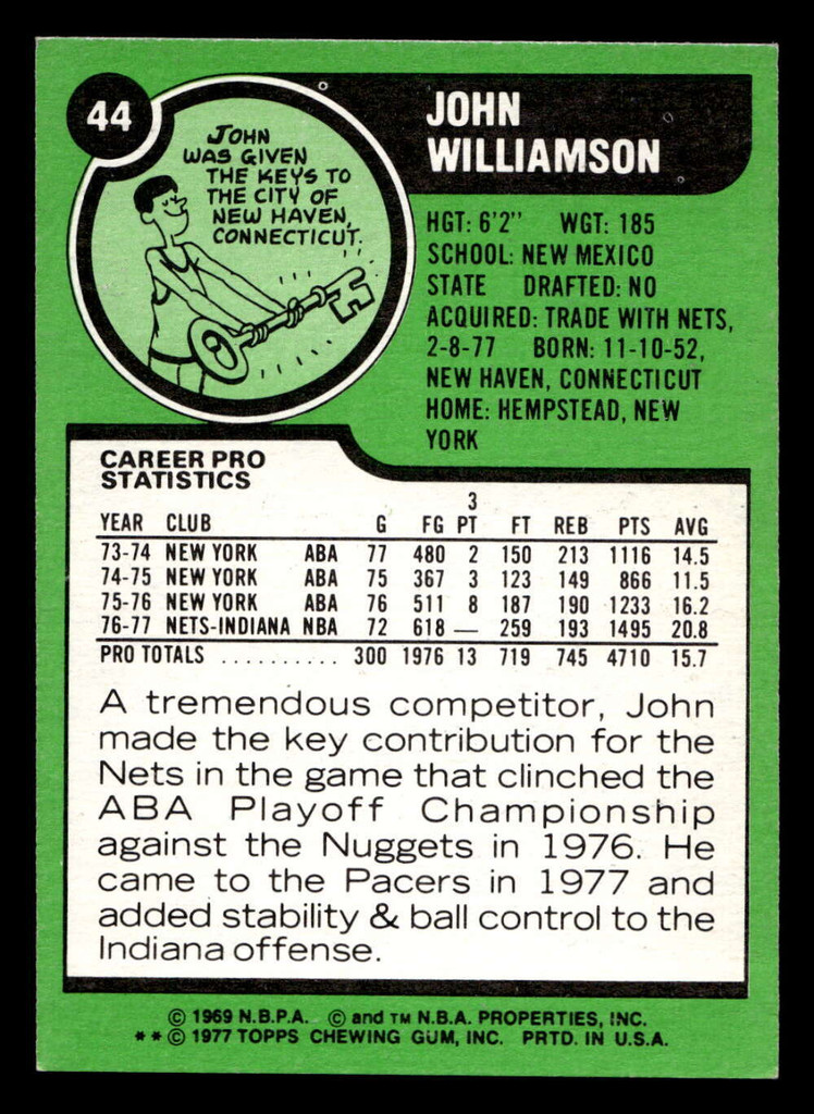 1977-78 Topps #44 John Williamson Near Mint  ID: 451027