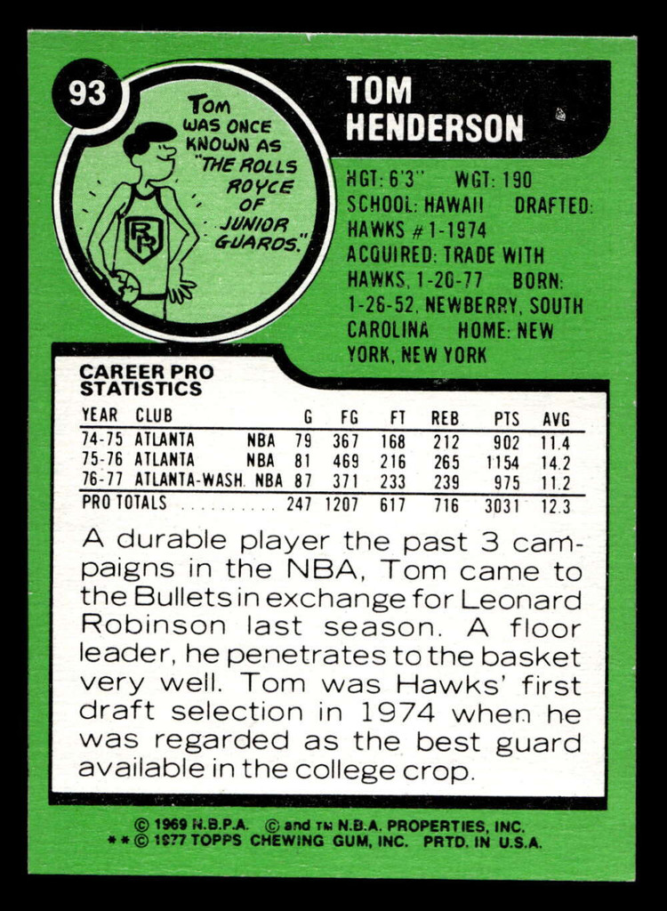 1977-78 Topps #93 Tom Henderson Near Mint+  ID: 451202