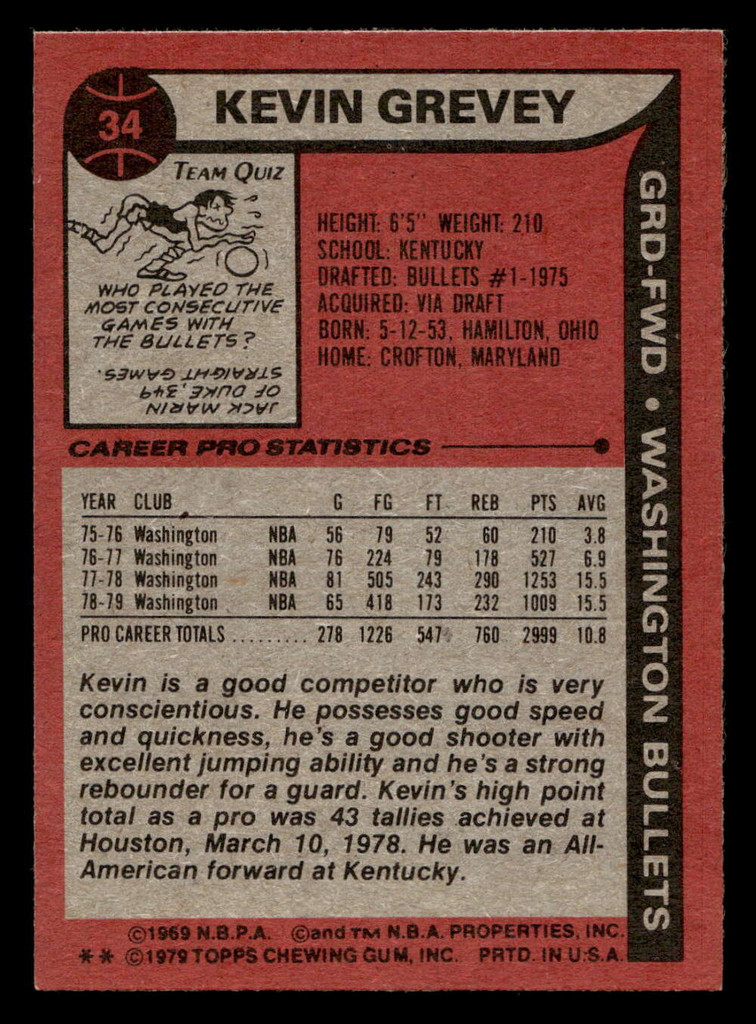 1979-80 Topps #34 Kevin Grevey Near Mint  ID: 451808