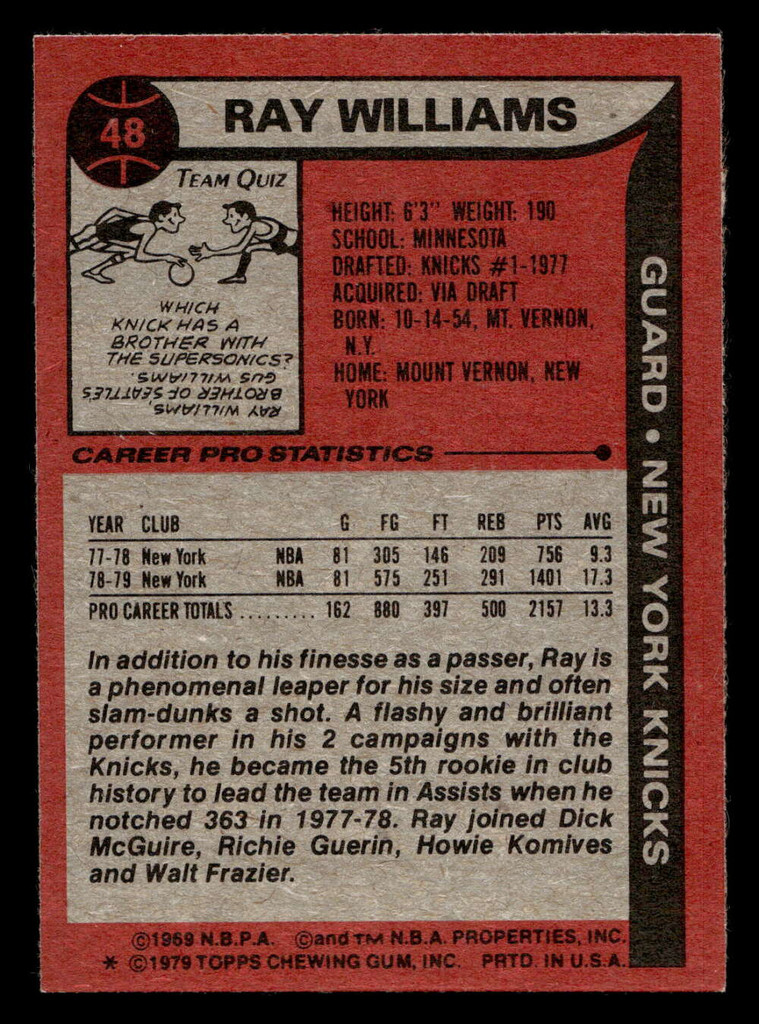 1979-80 Topps #48 Ray Williams Near Mint+ 