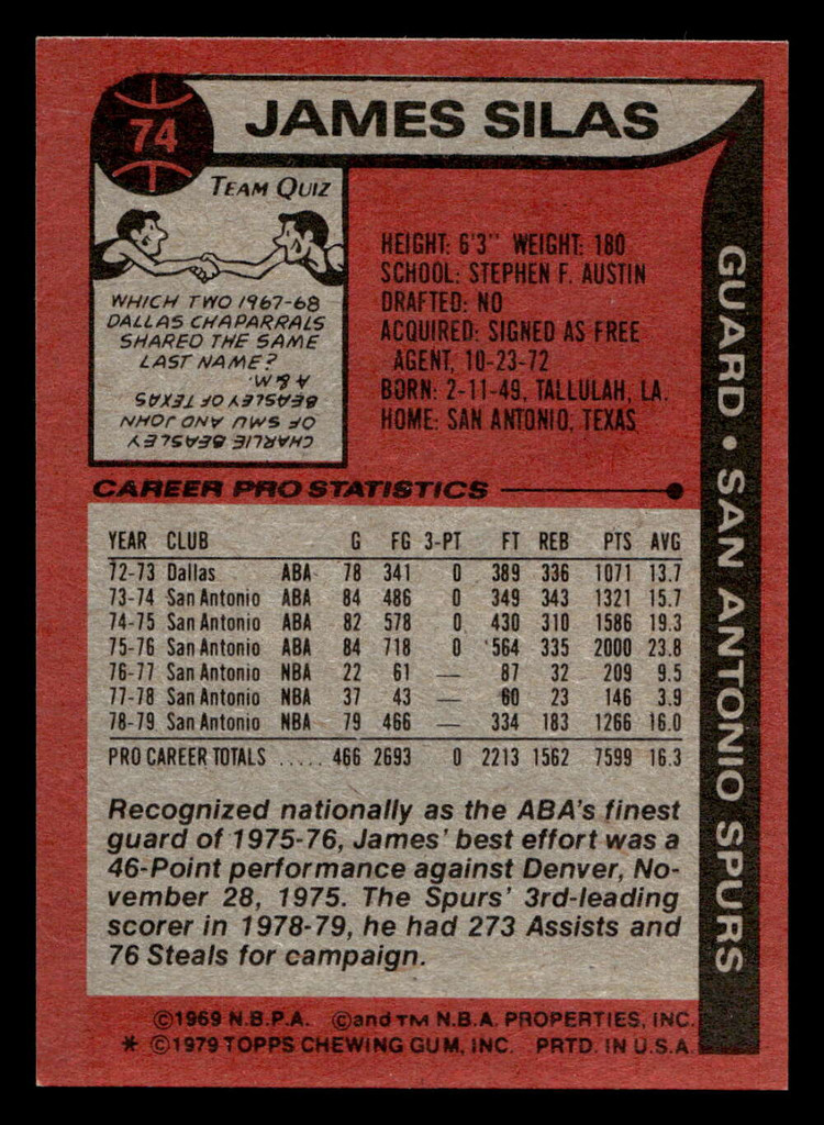 1979-80 Topps #74 James Silas Near Mint  ID: 451925