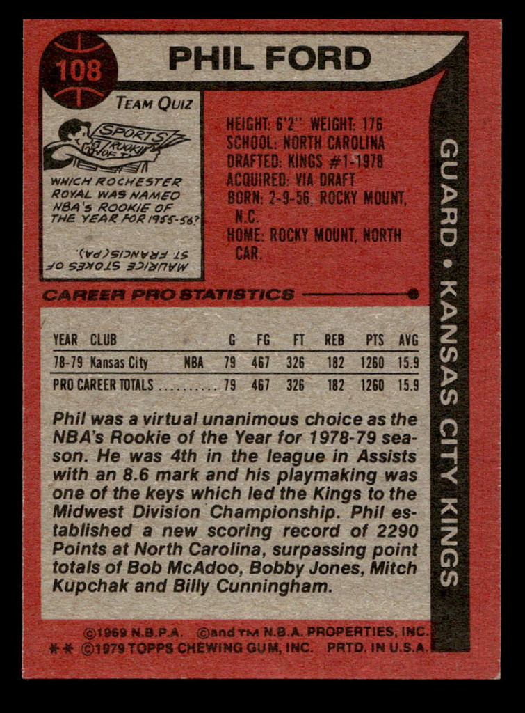1979-80 Topps #108 Phil Ford Near Mint RC Rookie  ID: 452016